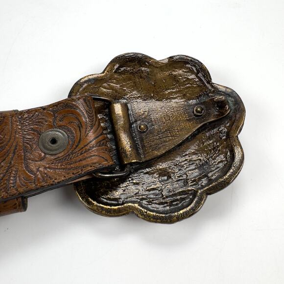 Vintage Leatherock Brown Handtooled Leather Flower Big Buckle Belt Size M - Picture 4 of 9